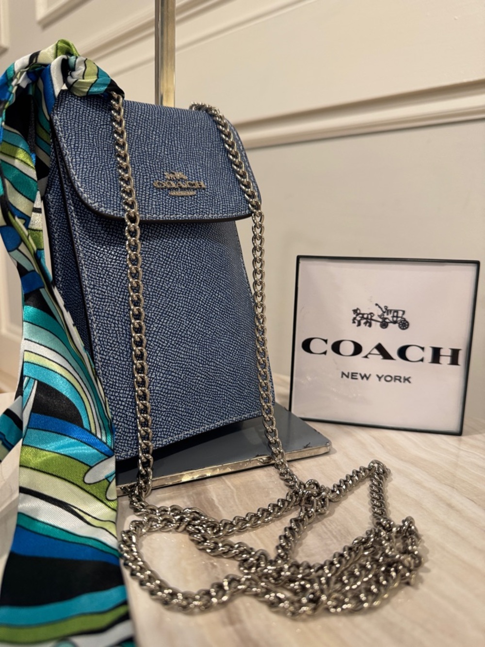 Coach North South Light Denim Blue Leather Crossbody Phone Pouch with Chain